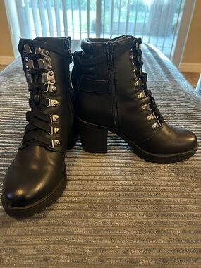 MIA Black Lace-Up Chunky Heel Ankle Boots